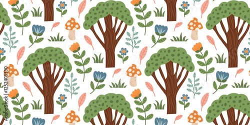 Spring summer seamless pattern with woods forest plants. Spruce, trees, mushrooms, leaves, branches, flowers, grass. Vector background with woodland botanical elements.
