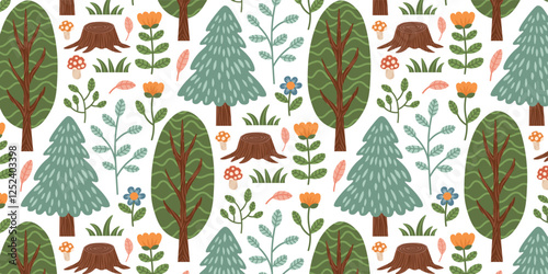 Seamless pattern with spring summer woods forest plants. Spruce, trees, mushrooms, leaves, branches, flowers, grass, woodland botanical elements. Vector background.