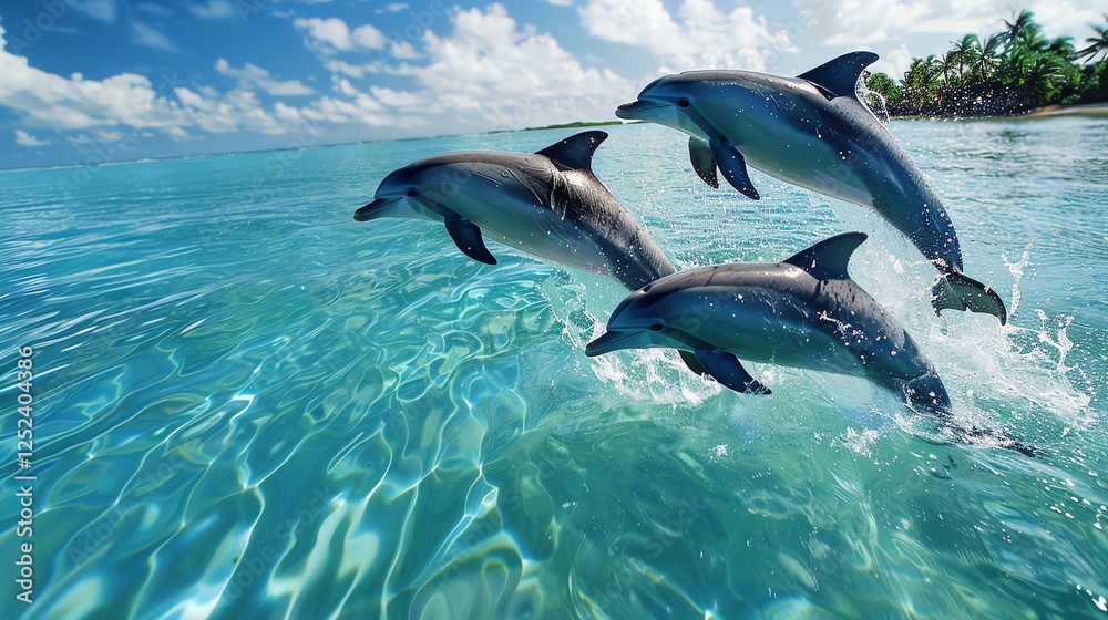 Obraz premium Three dolphins leap from the water in a turquoise ocean.