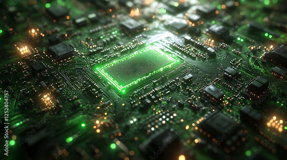 Obraz premium A futuristic PCB layout with a delicate green plant at its core under soft lighting