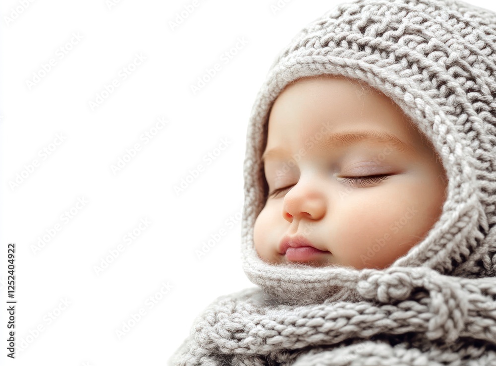 Newborn baby sleeping in a knitted hood, isolated on a white background. This image provides ample copy space. It is a high-quality photo Newborn baby sleeping in a knitted hood, isolated on a white background. This image provides ample copy space. It is a high-quality photo