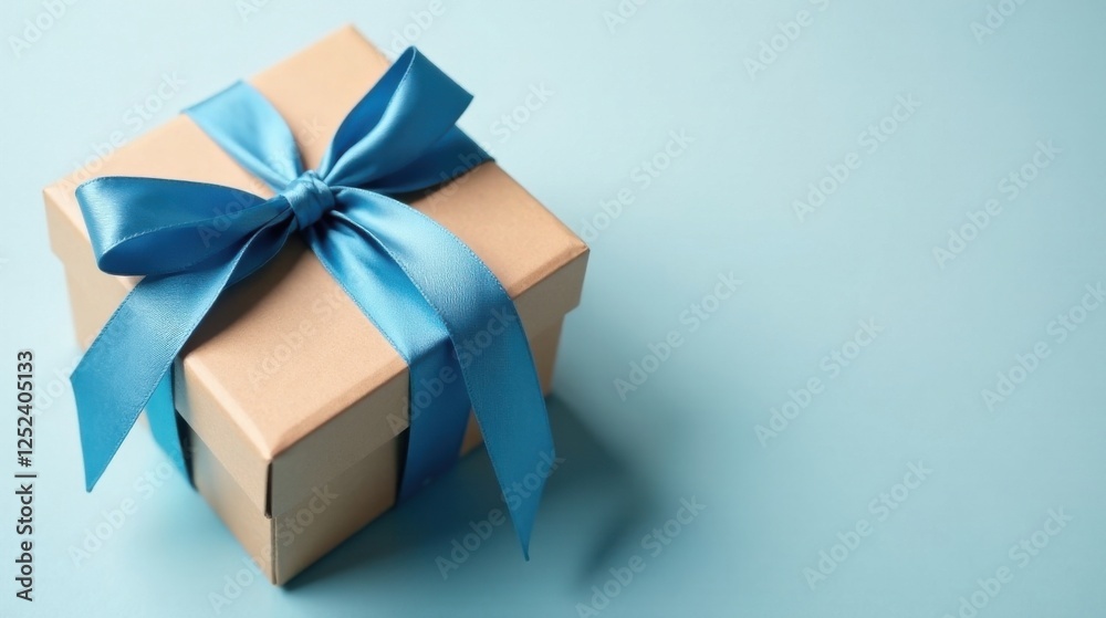 A small, elegantly wrapped gift box with a light brown exterior and a vibrant blue ribbon, ready to be presented A small, elegantly wrapped gift box with a light brown exterior and a vibrant blue ribbon, ready to be presented