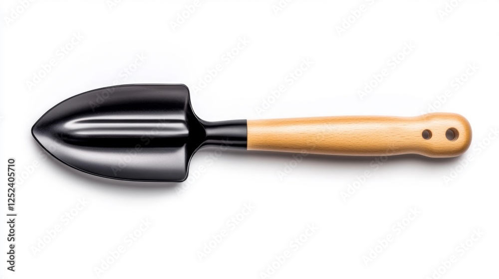 Fototapeta premium Close-up of a Wooden Handle Garden Trowel Tool on Isolated White Background. Generative AI