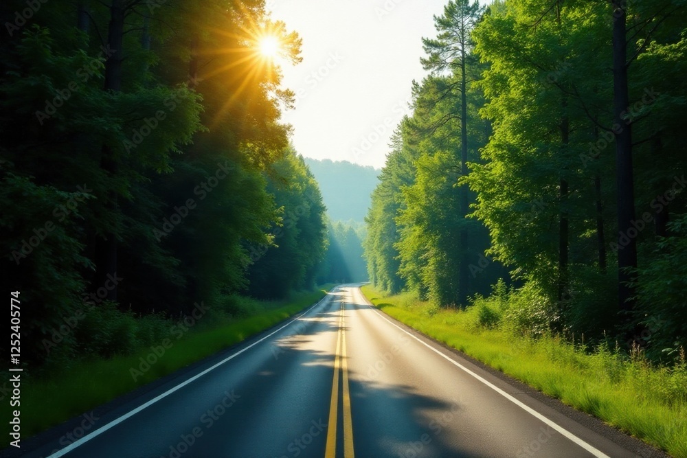 Fototapeta premium Asphalt Road Through Lush Green Forest at Sunrise, Sunlight Streaming Through Canopy, Shadows on Pavement