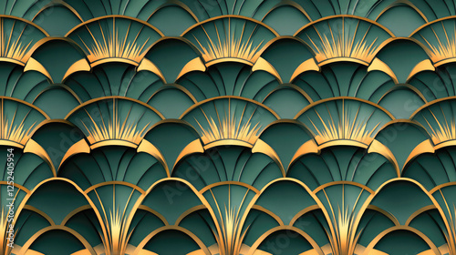 Art deco geometric seamless vector pattern. Gold and green peacock abstract feathers texture.
