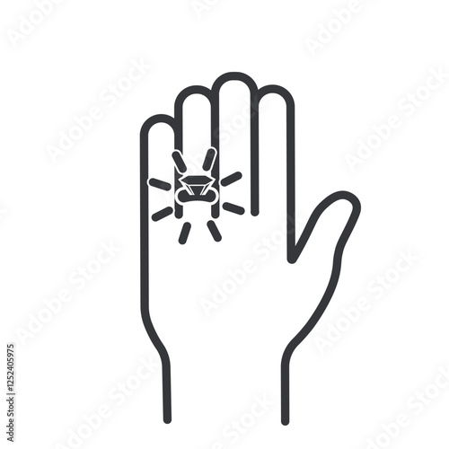 Isolated outline pictogram : Gold diamond ring on finger hand, symbolize wed, wedding, engagement, fashin icon