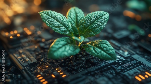 A futuristic sustainability concept featuring a plant growing in harmony with advanced digital components