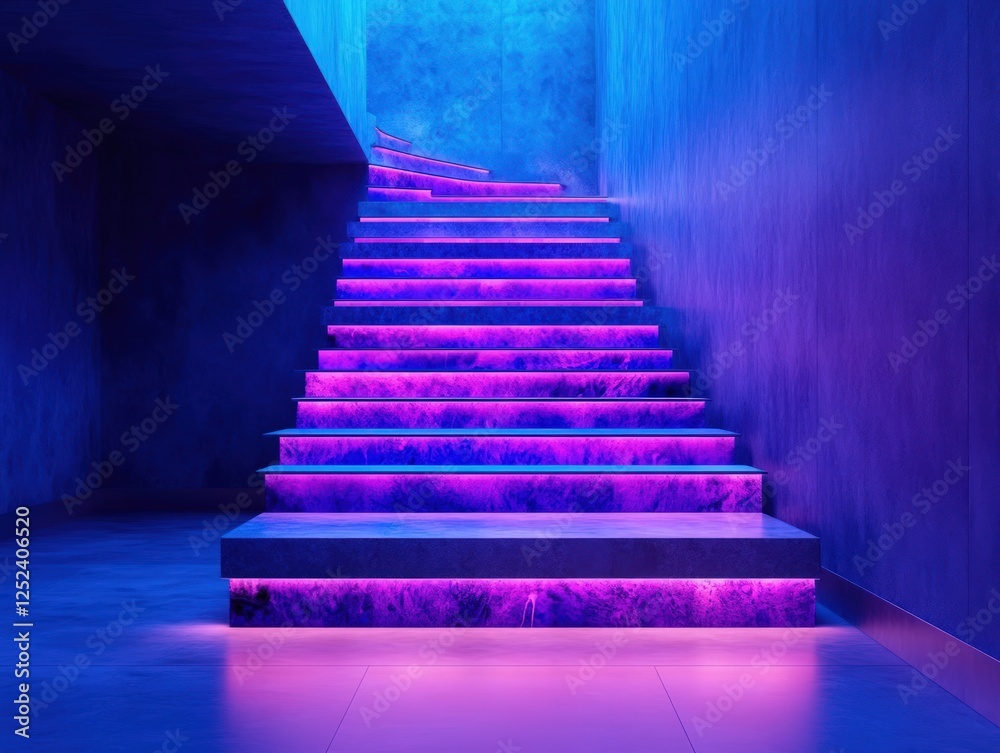 Fototapeta premium Neon-lit stairs, modern building, purple glow, ascent, interior design