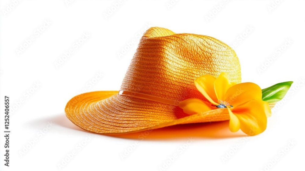 Vibrant orange sun hat with a tropical flower on a white background. Generative AI Vibrant orange sun hat with a tropical flower on a white background. Generative AI