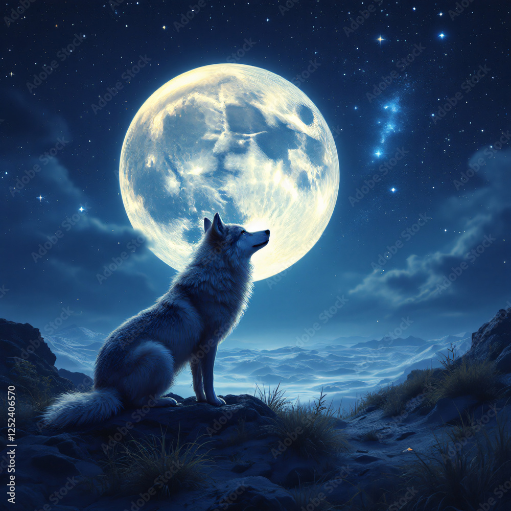 Obraz premium Wolf Gazing at Full Moon in Night Sky with Stars