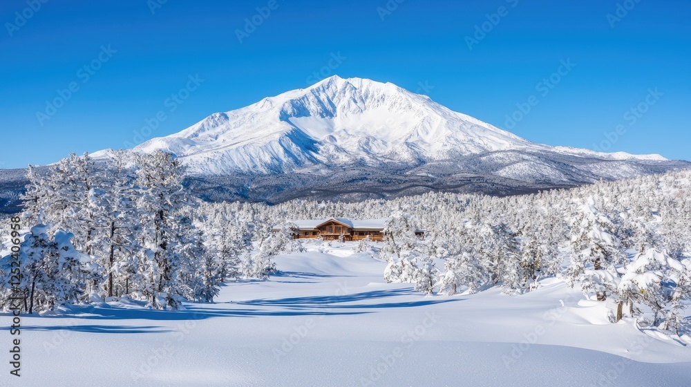 Fototapeta premium Snowy Mountain Resort with Wooden Chalet
