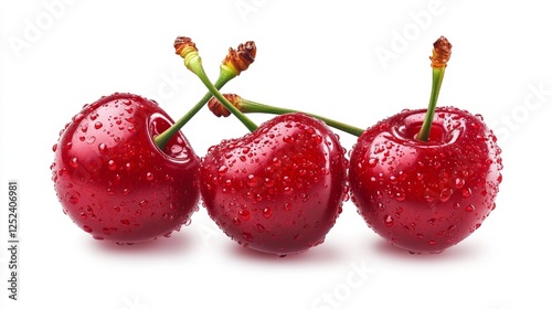 Fresh Red Cherries with Water Drops Isolated on White Background. Generative AI photo