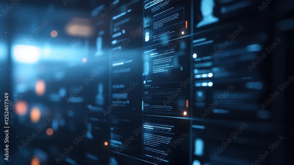 A futuristic digital interface displaying data streams and user information, illuminated by blue light, suggesting advanced technology and data processing. A futuristic digital interface displaying data streams and user information, illuminated by blue light, suggesting advanced technology and data processing.