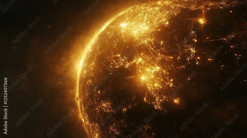 Glowing Earth with abstract network connections, symbolizing global connectivity and unity in a vast universe. Glowing Earth with abstract network connections, symbolizing global connectivity and unity in a vast universe.