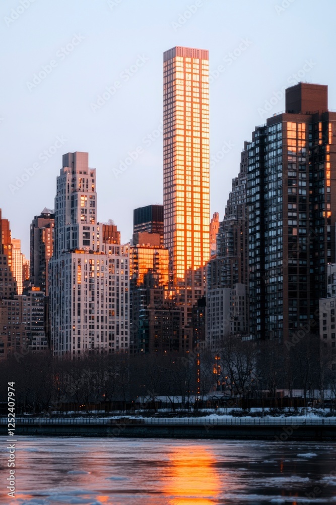 Skyline glows at sunset in urban cityscape by river, ideal for travel inspiration Skyline glows at sunset in urban cityscape by river, ideal for travel inspiration