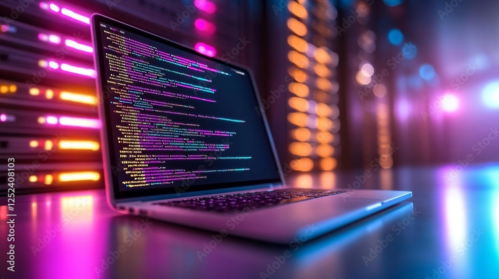 Obraz premium Laptop displaying programming code surrounded by glowing lights. Generative AI