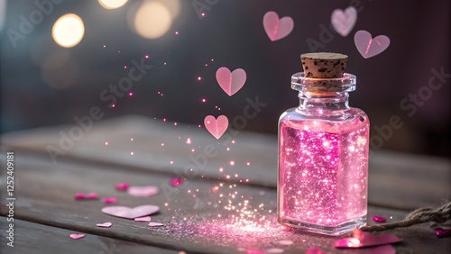 A magical love potion bottle glowing with pink sparkles and surrounded by floating hearts. photo