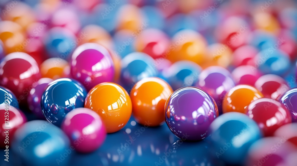 Macro Shot of Colorful Glossy Spheres on Blue Surface with Vibrant and Abstract Arrangement Macro Shot of Colorful Glossy Spheres on Blue Surface with Vibrant and Abstract Arrangement