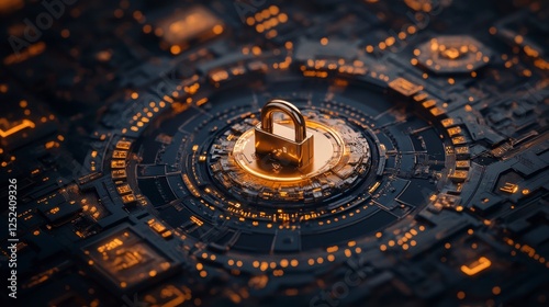 Digital Lock on Circuit Board with Glowing Elements and Technology