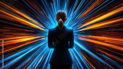 Woman facing digital light speed burst