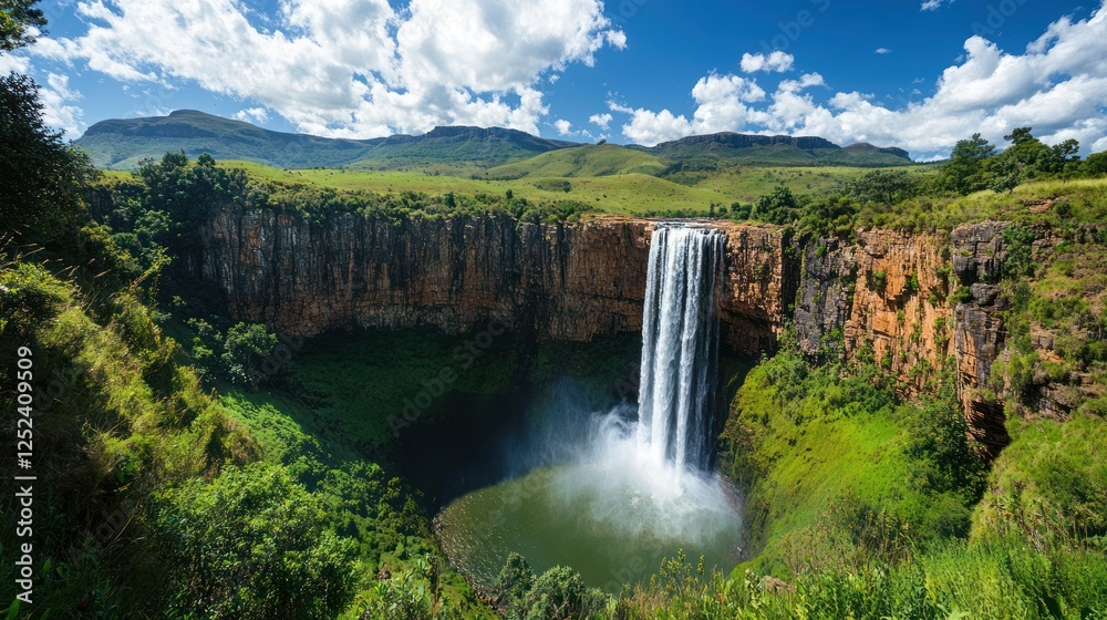 Fototapeta premium Majestic waterfall cascades into lush valley, mountains backdrop, nature travel