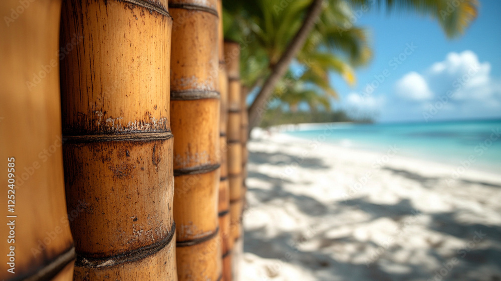 Lush bamboo groves line the pristine white sand beach, symbolizing peace and nature’s resilience. The green bamboo trees stand as a metaphor for growth, tranquility, and harmony with the environment