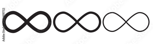 Infinity symbols collection, for logo design, branding, mathematical representation. Various infinity icon styles, simple to artistic. Endless, eternal, limitless concept