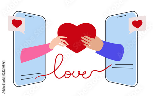 Concept of dating apps, couple relationships through gadgets, online dating. A simple illustration with two smartphones, a big heart and the inscription Love.