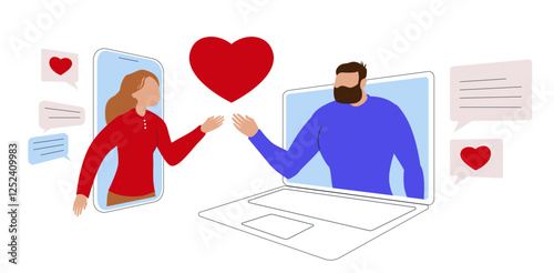 man and woman reach out to each other through a phone and laptop screen, connected by a big red heart and speech bubbles with messages. Romantic online connection concept