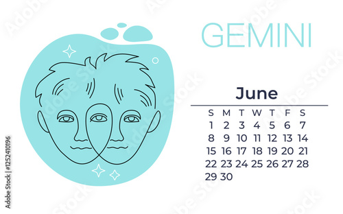 linear illustration of gemini, twins. minimalistic concept for astrology, zodiac, creative storytelling. elegant linear astrological symbol logo template with june calendar.