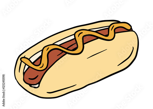 Hot dog sandwich sketch doodle Vector outline illustration with mustard, sausage. Hand drawing Restaurant business concept for poster, flyer, card, menu, banner, coloring book. street food, fast food