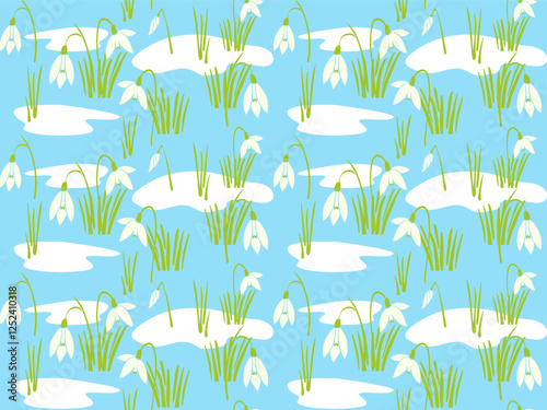 Snowdrops seamless pattern with  blooming flower amidst melting snow patches on a light blue background. Ideal for seasonal spring designs, wallpapers, and fabrics.