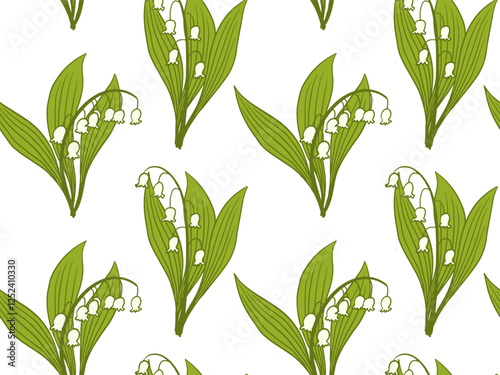 lily of the valley flowers seamless pattern with lush green leaves on a white background. Perfect for fabric prints, wallpapers, gift wraps, and decor.