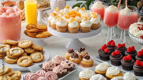 Festive dessert buffet with drinks, cookies, & cupcakes
