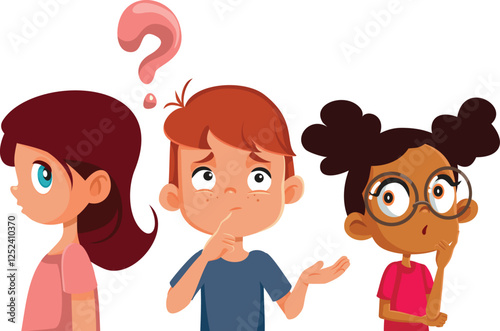 Funny Students Questioning and Wondering Vector Cartoon Characters. Cheerful kids wondering and shrugging being puzzled 
