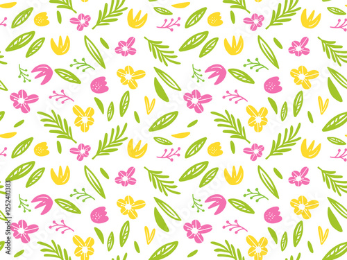 vibrant spring floral pattern features pink, yellow, and green flowers and leaves. Perfect for textiles, gift wrap, stationery, wallpapers, and seasonal branding.
