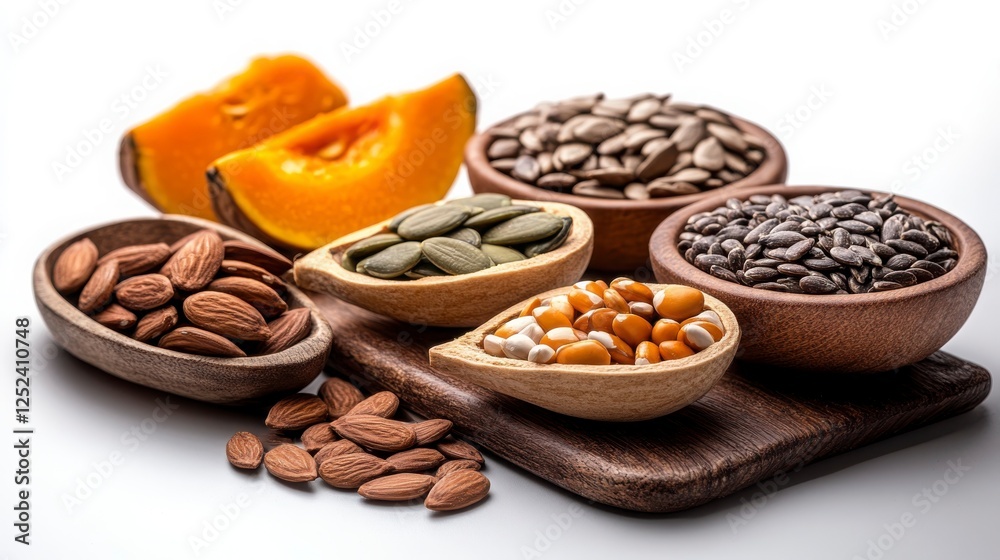 Fototapeta premium Various Nuts and Seeds Displayed in Wooden Bowls on a Wooden Board