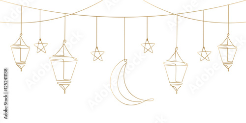 Simple line art banner wit hanging lanterns, stars and moon for Ramadan or Muslim holiday decoration
