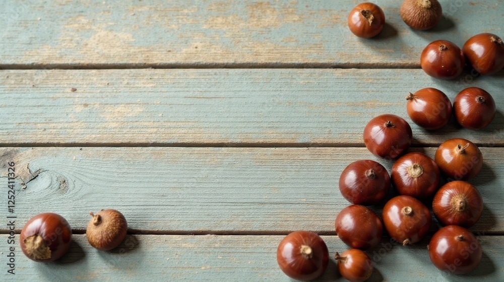 Naklejka premium Rustic Wooden Surface Adorned with a Bountiful Cluster of Smooth, Dark Brown Nuts