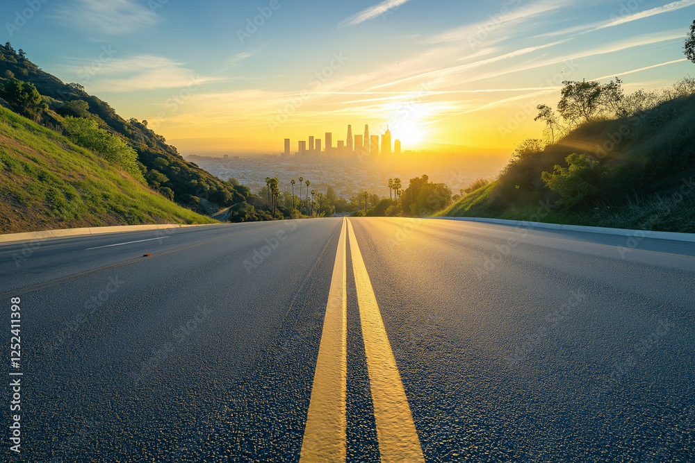 Fototapeta premium Empty Highway Leading to a City Skyline, A Scenic Travel Route Under the Sunset, Generative AI