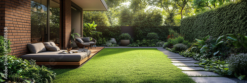 A beautifully landscaped outdoor area featuring a modern home, comfortable seating, and vibrant greenery, perfect for entertaining and enjoying nature