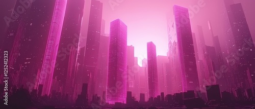 Futuristic Cityscape with Glowing Purple Circuit Boards Set Against a Dazzling Urban Skyline at Dusk