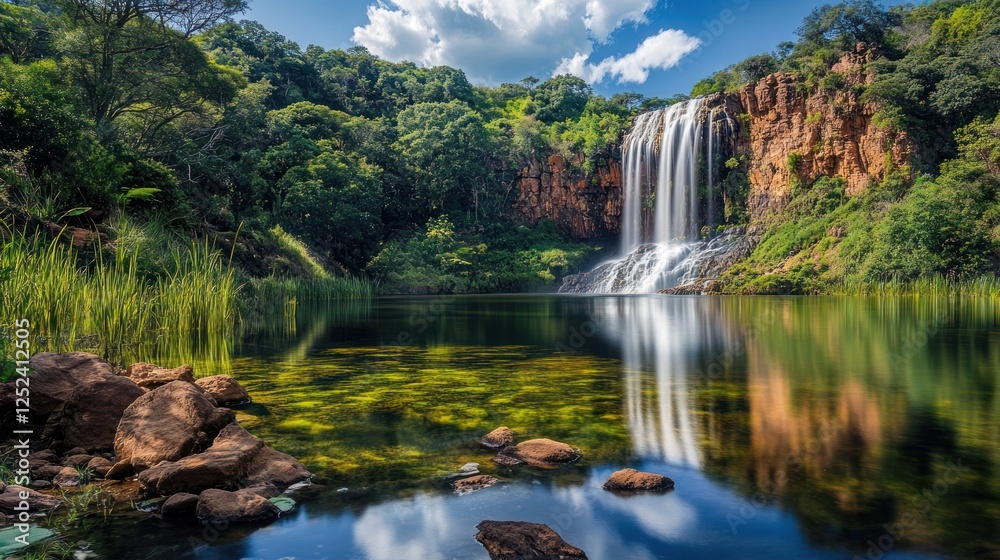 Waterfall cascading into tranquil lake, lush forest backdrop, nature scene, travel Waterfall cascading into tranquil lake, lush forest backdrop, nature scene, travel