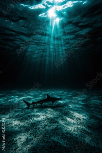 Lone shark swims in dark ocean, sun beams penetrating surface. Marine life stock