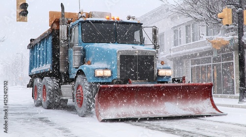 American snowplow truck clearing the street during a heavy blizzard, battling fierce winter conditions in a photorealistic, action-packed scene.