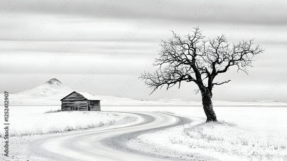 Obraz premium Winter landscape winding road, cabin, bare tree, hill