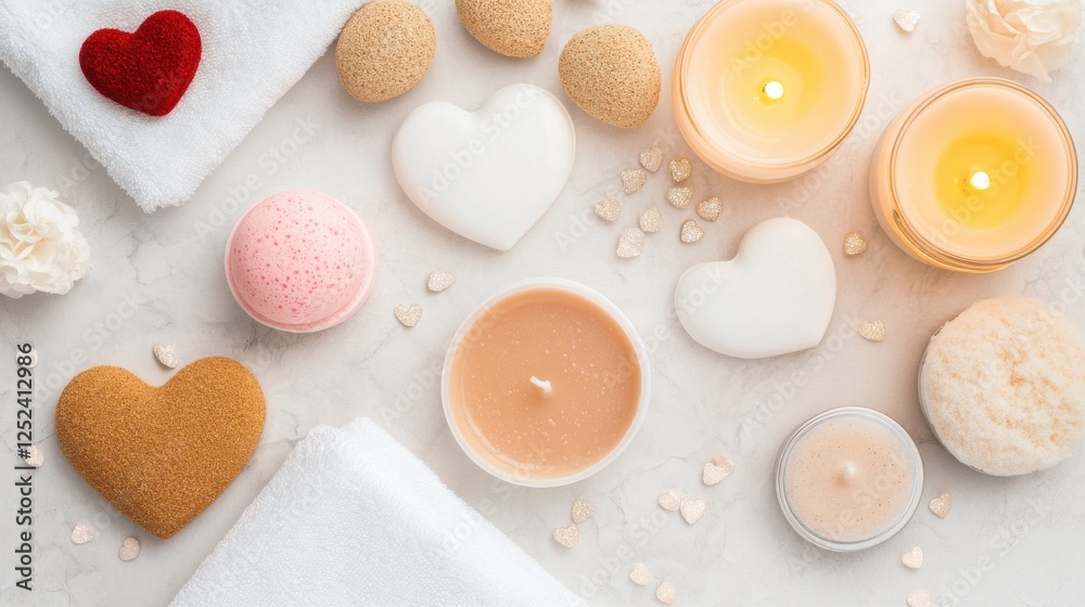 Obraz premium Relaxing Spa Setup with Candles, Bath Bombs, and Heart-Shaped Soaps on Elegant Marble Background