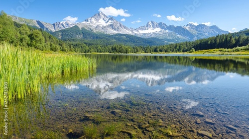 Calm mountain lake reflection, summer Alps