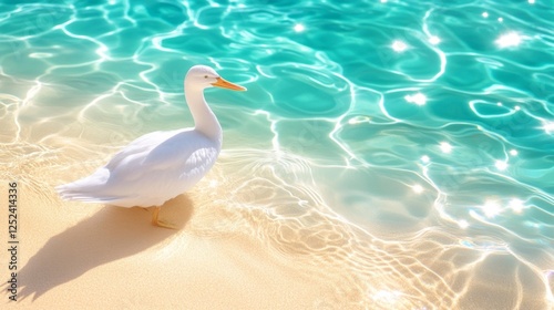 White swan standing on the beach near turquoise water under sunlight. Generative AI photo