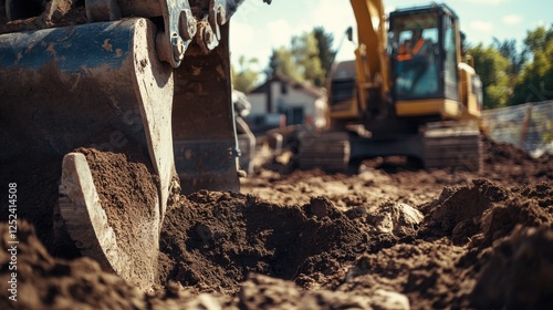 A close-up of a construction worker operating heavy machinery to excavate soil for a road expansion project, Road expansion scene, Earthmoving operation style